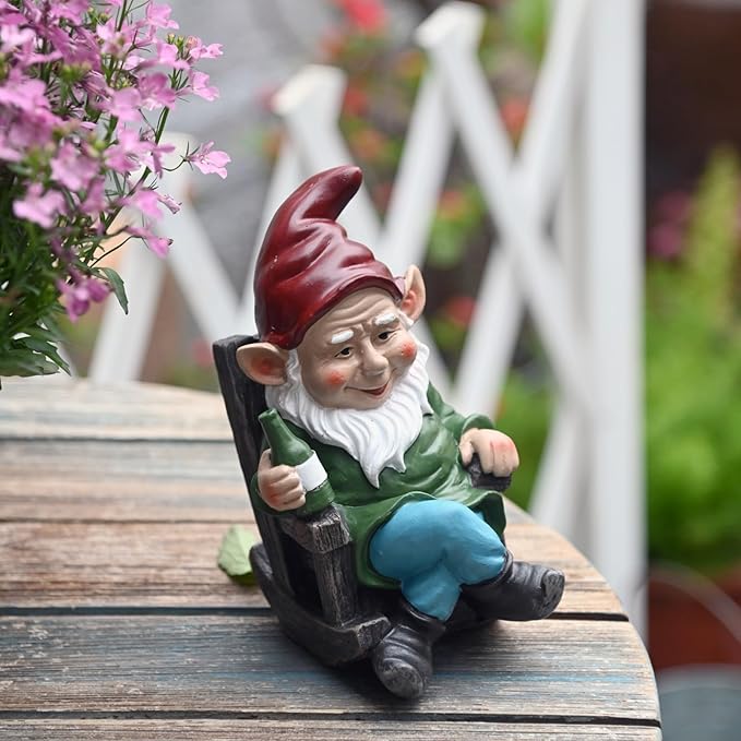 OwMell Gnome Statue for Garden, Funny Gnomes Figurine Ornament for Outdoor Yard Lawn Patio Decor 7" - Drinking Wine
