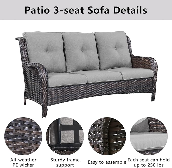 Belord Outdoor Wicker Furniture Patio Set - 7 Piece Backyard Furniture Brown Rattan Conversation Sets with Swivel Rocker Chairs, Rattan Sofa, Club Chairs and Coffee Table, Grey Cushion