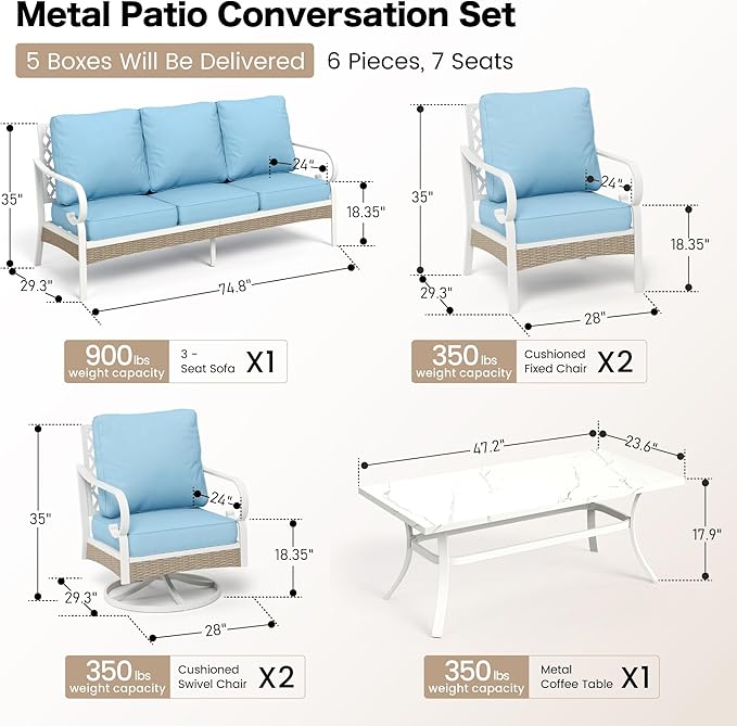 SUNSHINE VALLEY 6 Piece Metal Outdoor Patio Furniture Set, Patio Conversation Sets 3-Seater Sofa, 2 Fixed Sofa, 2 Swivel Chair with 5.75" Thick Cushion and Coffee Table White Backyard Furniture, Blue