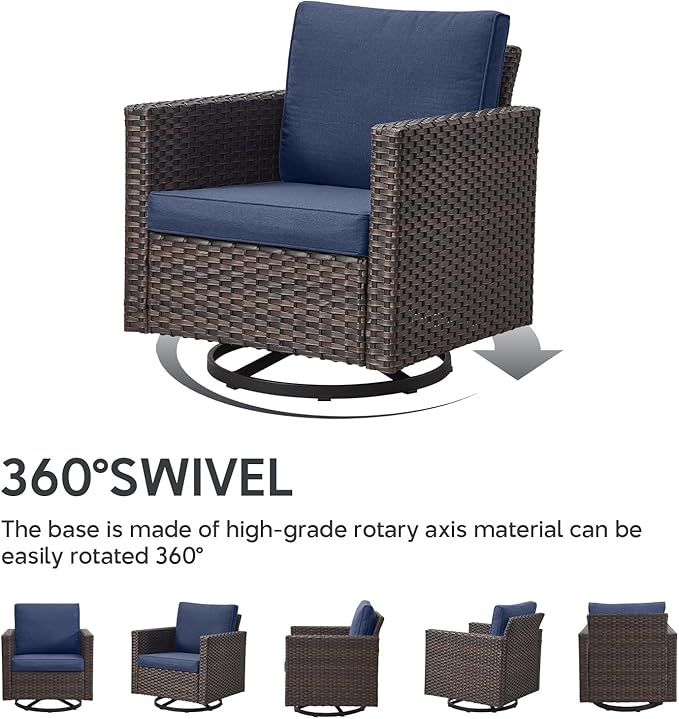 4 Piece Wicker Patio Furniture with Fire Pit Table - Outdoor Conversation Set with 50,000 BTU Fire Pit, All Weather Rattan Patio Set for Deck Backyard Garden - Brown Wicker Blue Cushion