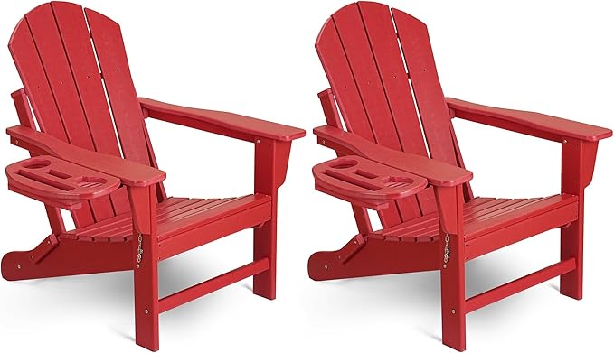 Adirondack Chair Set of 2, HDPE Folding Adirondack Chair with Multifunctional Cup Holder, Weather Resistant Fire Pit Chair for porches, patios, patios, poolsides, Decks.