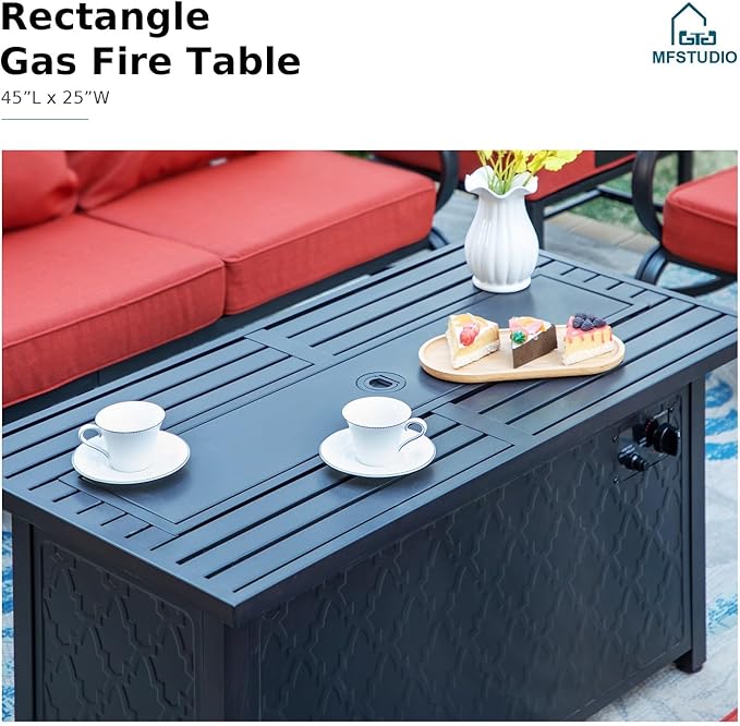 MFSTUDIO 6 Pieces Patio Furniture Sets with 45" Gas Fire Pit Table(Up to 7 Seat), Outdoor Metal Frame Patio Conversation Sofas with 1 x 3-Seat Sofa, 2 Sofa Chairs and 2 Ottoman, Burgundy Cushion