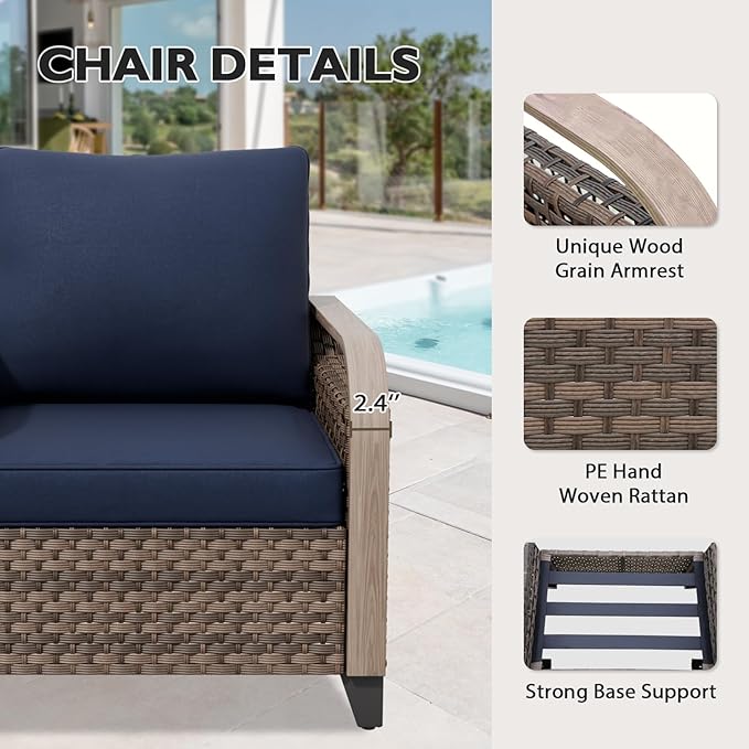 EAGLE PEAK Modern Wicker Outdoor Patio Furniture Set, Patio Conversation Set, 2 Chairs, 2-Seat Loveseat, 2 Ottomans and Coffee Table, 6 Pieces, Brown/Blue