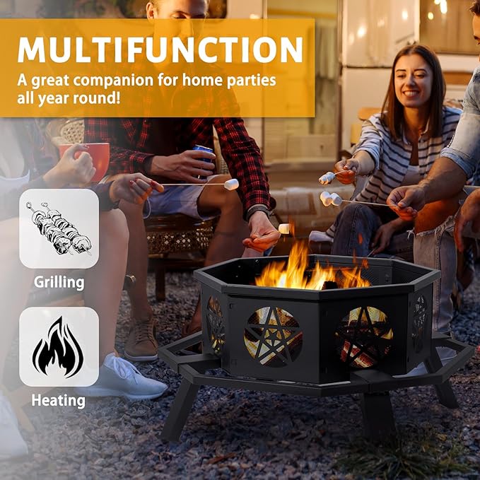 35 Inch Outdoor Fire Pit, Heavy Duty Wood Burning Firepits for Outside, Octagonal Metal Bonfire Fire Pits with Fire Poker for Camping, Backyard, Patio, Garden, Beach, Poolside, Picnic
