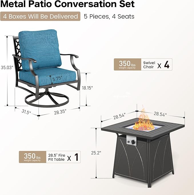 SUNSHINE VALLEY 5 Piece Metal Outdoor Patio Furniture Set with Fire Pit Table, Patio Conversation Sets 4 Swivel Chairs with 5.75" Thick Cushion and 5000 BTU Fire Pit Table, Backyard Furniture, Blue-2