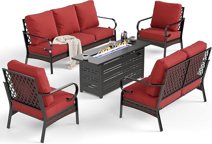 SUNSHINE VALLEY 5 Piece Metal Outdoor Patio Furniture Sets with Firepit Table, Patio Conversation Sets 1 3-Seater Sofa, 1 Loveseat, 2 Single Sofa with 5.75" Cushion for Backyard Deck, Rust Red