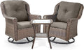 3 Piece Patio Swivel Chairs and Side Table Set - High Back Outdoor Brown Wicker Rattan Rocking Glider with Thick Cushions for Porch Apartment Deck Yard Poolside Garden - Grey