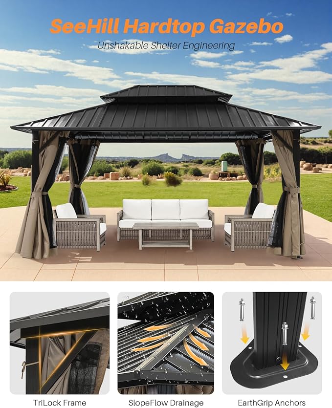 SEEHILL 12' x 16' Hardtop Gazebo, Outdoor Patio Gazebo, Aluminum Frame Patio Hardtop Gazebos with Netting and Curtain, Outdoor Patio Pergola with Double Steel Roofs for Deck, Lawns, Garden, Sandstone