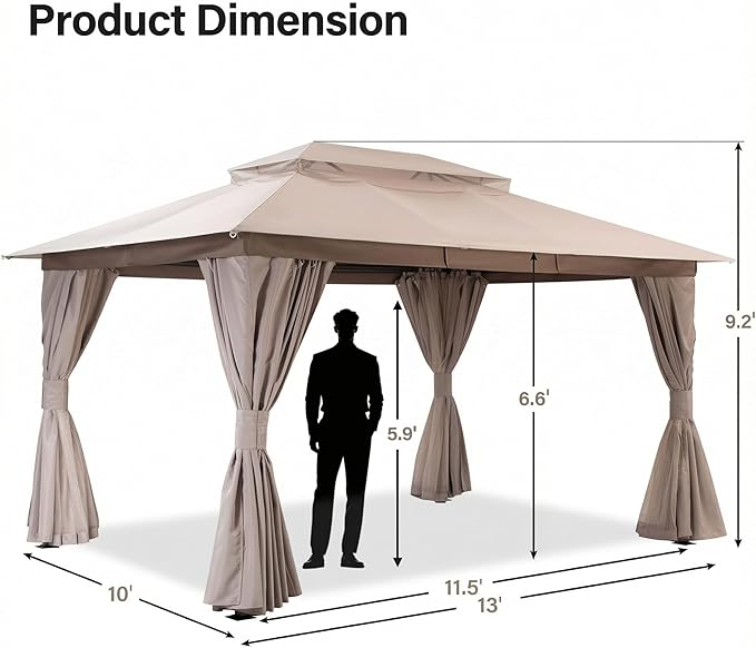 LAUSAINT HOME Outdoor Patio Gazebo 10'x13' with Expansion Bolts, Heavy Duty Party Tent & Shelter with Double Roofs, Mosquito Nettings and Privacy Screens for Backyard (Khaki)