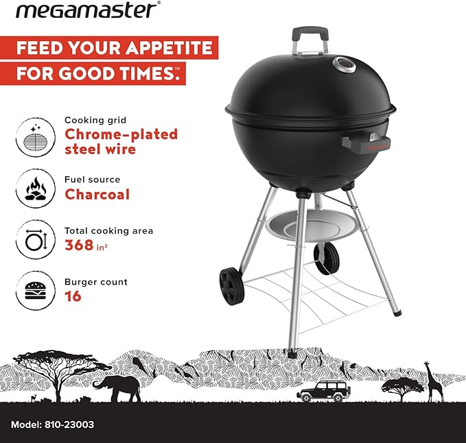 Megamaster 22" Deluxe Charcoal Barbecue Grill with Adjustable Air Vent, Built-In Temperature Gauge, 368 SQ. In Cooking Area, Storage Rack, Portable Grill for Camping, Picnics, and More - 810-23003