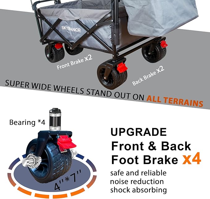 SKYMANOR Collapsible Wagon Folding Garden Cart with Removable Canopy Utility Heavy Duty Wagon Cart with All-Terrain Wheel Storage Brake for Camping Shopping (Upgraded Canopy-Gray Splicing)