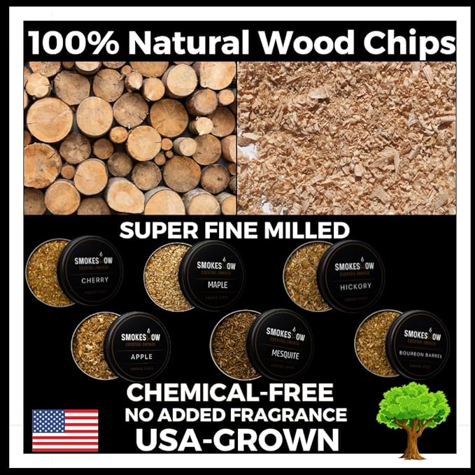 Wood Chips for Cocktail Smoker 4 oz tins. Apple, Hickory, Cherry, Bourbon Soaked Oak, Maple & Mesquite (6-Pack - All Wood Chips)