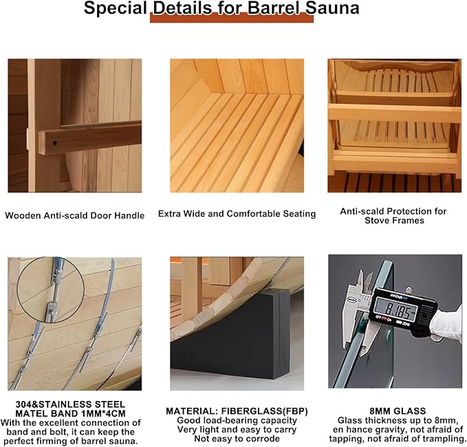 Smartmak Outdoor Wood Barrel Sauna Room, 6 Person Canadian Hemlock Traditional Wooden Steam Saunas with Canopy, 220V Steam Spa with 6kw Heater, Rocks, Water Bucket, Spoon, Light,195℉