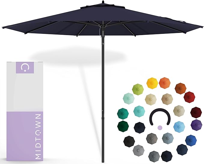 Midtown Umbrellas Push Pop Sunbrella Umbrella 9 Feet Outdoor Umbrella in Canvas Navy Fabric - Patio Umbrella, Backyard Umbrella, Garden Umbrella, Picnic Table Umbrella & Pool Umbrella - Black Pole