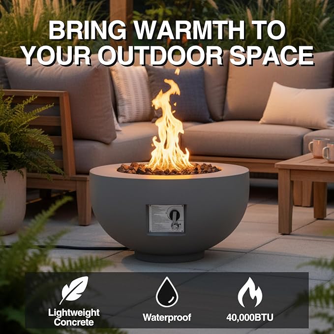 28-inch Round Fire Pit Table with Propane Tank Table,Set-2-Piece,Light Concrete Fire Pit Bowl with Free Lava Rocks, Rain Cover and Burner Lid, for Outside Patio, Garden, Deck, Light Grey