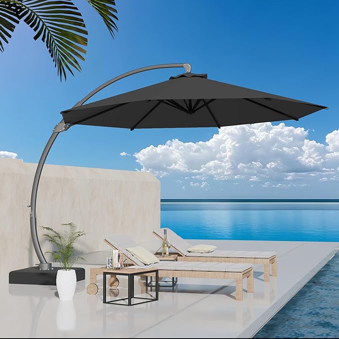 Kingdura 12ft Cantilever Patio Umbrella with Base Included, Large Round Offset Outdoor Pool Umbrella, 360° Rotation & Infinite Tilt, Heavy Duty Aluminum Frame for Deck Backyard, Grey