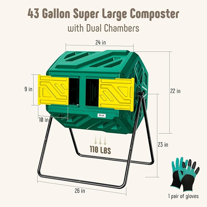 Werph 43 Gallon Compost Bin with Gloves, Fast Assembly & Easy Setup Outdoor Compost Tumbler, Updated Dual Chamber Tumbling Composter for Garden, Kitchen, and Yard Waste, Green