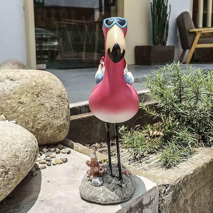 Jy.Cozy Gnome Garden Statue Funny Gnome Reclining on Flamingo Dwarf Figurines Resin Garden Gnomes Fall Decorations Outdoor for Patio Yard Lawn Porch Housewarming Ornament Gift