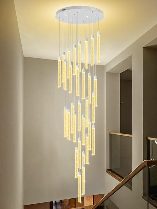 177'' Long Crystal Column Chandelier Silver 30-Light Extra Large Staircase Chandelier High Ceiling Dimmable LED Ceiling Lighting Foyer Entryway Light Source is Replaceable