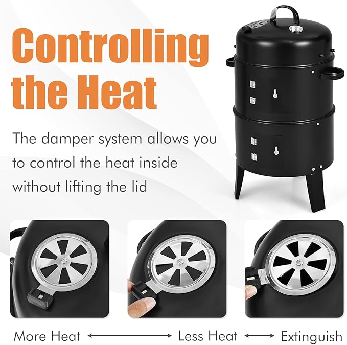 HAPPYGRILL 3-in-1 Charcoal Smoker Grill, Outdoor Vertical Charcoal Smoker with Built-in Thermometer & Adjustable Vent System, 2-Layer Separable BBQ Grills for Camping & Family Cooking