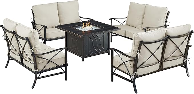 Oakland Living Black Aluminum Patio Fire Table Set with Four Deep Seating Loveseat with Cushions