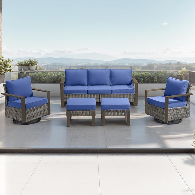Rilyson Outdoor Wicker Patio Furniture Set - 5 Piece Patio Conversation Set with 2 Wicker Swivel Rocker Chairs,2 Rattan Ottoman and 1 Couch,Thick Cushions,Deep Seating,Wide Armrest(Mixed Grey/Blue)