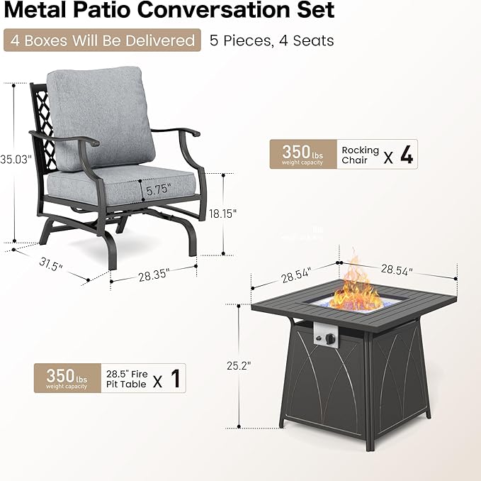 SUNSHINE VALLEY 5 Piece Metal Outdoor Patio Furniture Set with Fire Pit Table, Patio Conversation Sets 4 Rocking Chairs with 5.75" Thick Cushion and 5000 BTU Fire Pit Table, Backyard Furniture, Gray