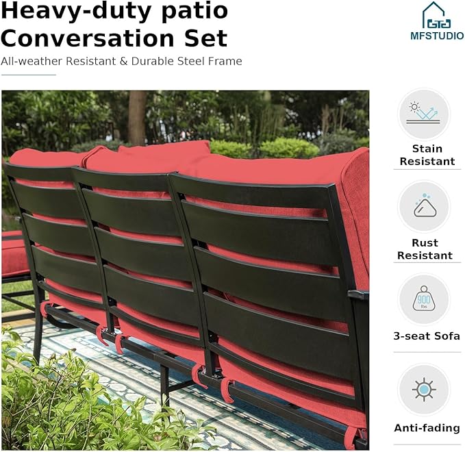 MFSTUDIO 7 Pieces Metal Patio Furniture Sets, 2 Swivel Chairs, 3-Seat Deep Seating Sofa, 2 Single Couch and 2 Ottoman, All Weather 9 Seats Outdoor Conversation Set for Garden Backyard, Burgundy Red