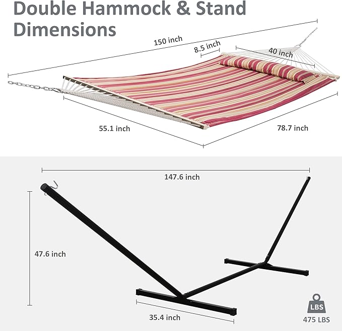 SUNCREAT Outdoor Hammock with Stand, Two Person Quilted Fabric Hammock Swing with 12ft Steel Stand, Red Stripes