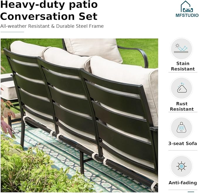 MFSTUDIO 7 Pieces Metal Patio Furniture Sets, 2 Swivel Chairs, 3-Seat Deep Seating Sofa, 2 Single Couch and 2 Ottoman, All Weather 9 Seats Outdoor Conversation Set for Garden Backyard，Beige Cushion