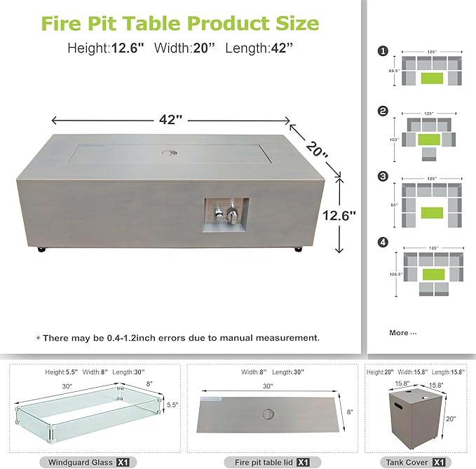 Dineli 2-Piece Outdoor Propane Fire Pit Table Set w Tank Table 42'' Rectangular Firepit Gas Fire Pits for Outside Patio Fire Table Tabletop Fire Pits, 50,000 BTU, Gray