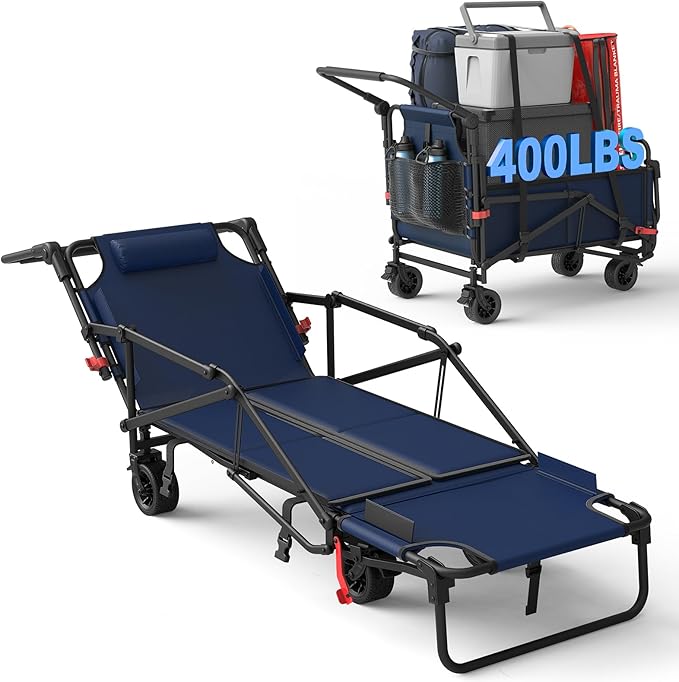 LEVELEVE 400lb Capacity 2-in-1 Folding Wagon - All-Terrain Wheels w/Brakes + Side Pockets | Heavy Duty Utility Cart for Camping, Shopping, Sports