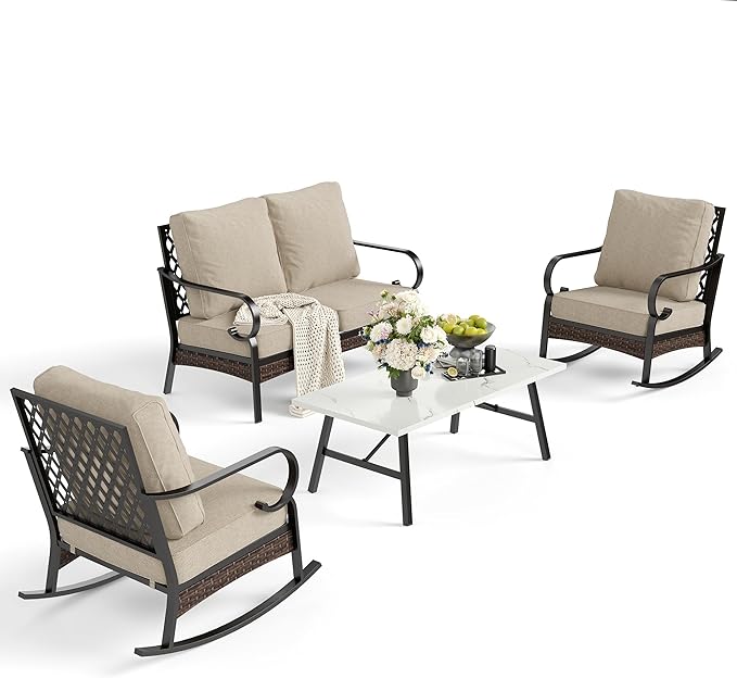 SUNSHINE VALLEY 4 Piece Metal Outdoor Patio Furniture Sets, Patio Conversation Sets 1 Loveseat, 2 Rocking Sofa with 5.75" Extra Thick Cushion and Coffee Table, Balck Frame Backyard Furniture, Beige