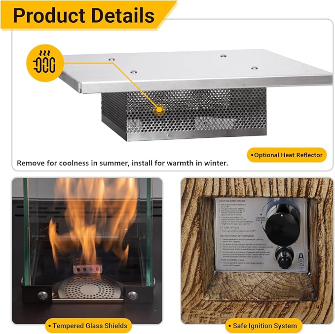 Afterglow Outdoor Patio Propane Fire Heater with Weather Cover Glass 41000 BTU Fireplace Patented & CSA Certificated, Wood Grain Brown