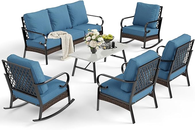 SUNSHINE VALLEY 6 Piece Metal Outdoor Patio Furniture Set, Patio Conversation Set with Rocking Chair and 5.75" Thick Cushion & Coffee Tabl, Outdoor Seating Black Frame Backyard Furniture, Denim Blue