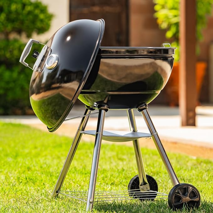 Megamaster 22" Deluxe Charcoal Barbecue Grill with Adjustable Air Vent, Built-In Temperature Gauge, 368 SQ. In Cooking Area, Storage Rack, Portable Grill for Camping, Picnics, and More - 810-23003