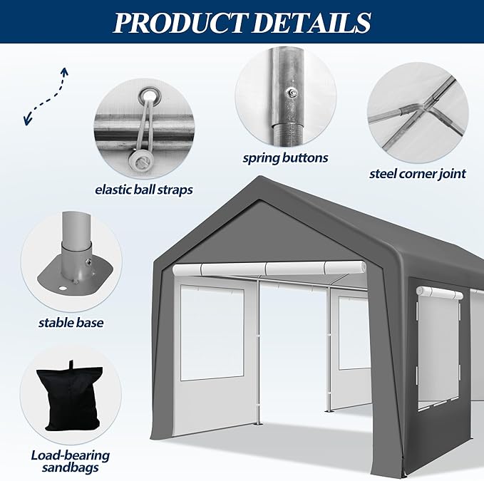 COVERONICS 10x20 FT Heavy Duty Carport Tent - Portable Outdoor Car Canopy with Roll-up Side Doors & Windows, Portable Garage with 4 Sandbags for Car, Truck and Outdoor Event, Grey