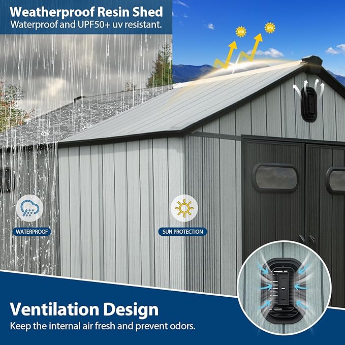 Domi 8x8Ft Resin Outdoor Storage Shed, Plastic Garden Shed with Carpet, Outside Weatherproof Storage Building for Tools, Bike, Lawn Mower, Patio, Backyard