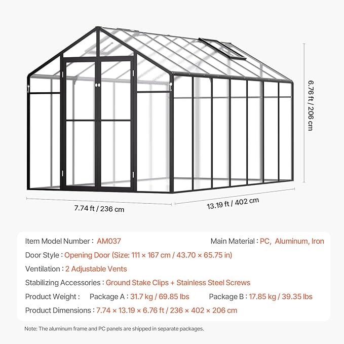 VEVOR Polycarbonate Greenhouse, 8 x 14 Ft, Outdoor Greenhouse with 2 Vent Windows, Pavilion Styled with Hinged Door, Aluminum Large Walk-in Greenhouse Kit for Outside Garden Backyard