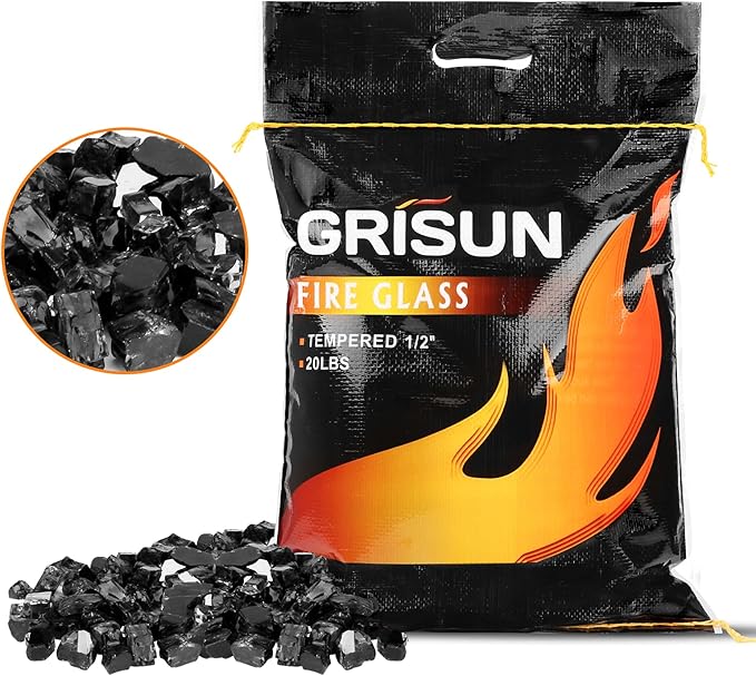 GRISUN Onyx Black Fire Glass for Fire Pit, 20 Pounds 1/2 Inch High Luster Reflective Tempered Glass Rocks for Natural or Propane Fireplace, Safe for Outdoors and Indoors Firepit Glass