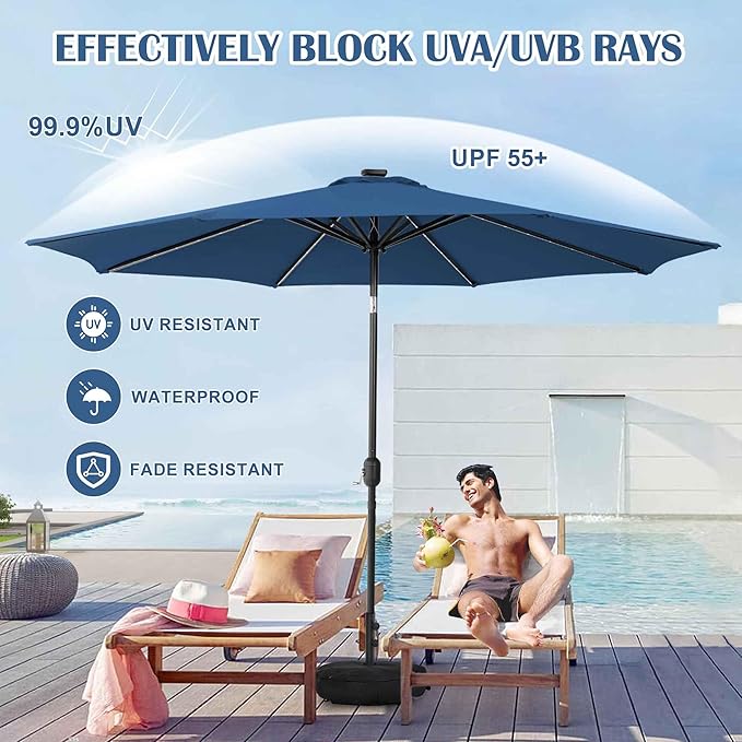 Sundale Outdoor Olefin 5-Year-Non-Fading Solar 88 LED 10FT Solar Patio Umbrella with Sand Bag Base, Outdoor Umbrella with Tilt and Crank, Navy