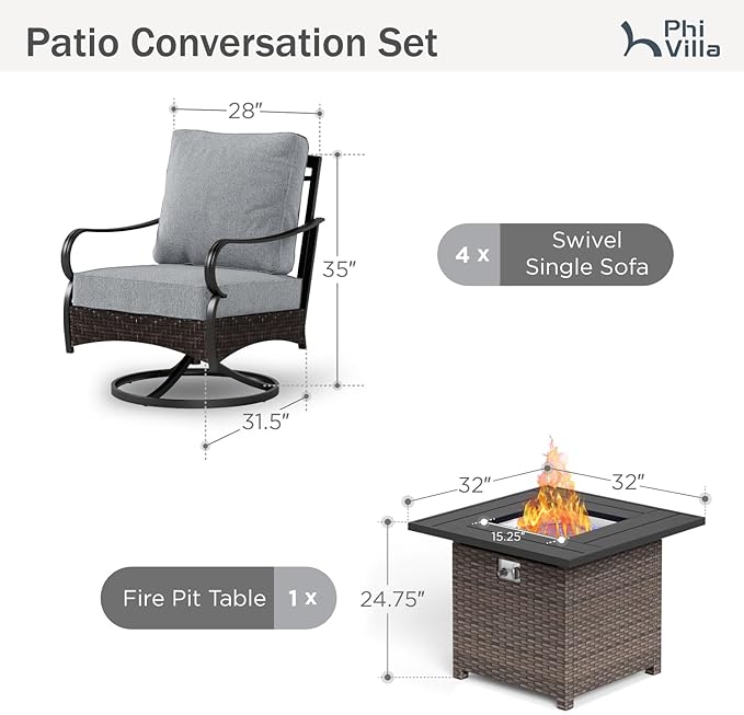 Patio Furniture Set with 32" Fire Pit Table, Patio Conversation Sets 4 Swivel Chairs with Thick Cushion and 50000 BTU Fire Pit Table (5 Pieces,Grey