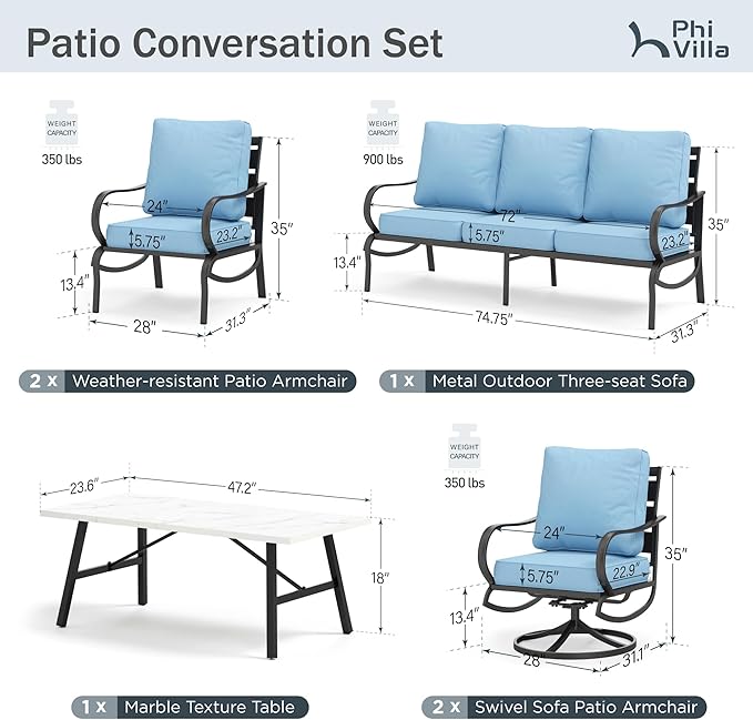 PHI VILLA 6 PCS Patio Furniture Sets with 1 x 3-Seat Bench, 2 x Swivel Cushioned Sofa Chairs, 2 x Leg Sofa & 1 x Coffee Table, Outdoor Conversation Set for 7 Person, Light Blue