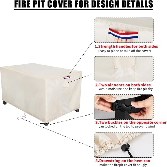 Fire Pit Cover Rectangular 56 Inch - Waterproof Outdoor Fire Table Cover Rectangle Heavy Duty, 600D Patio Propane Gas Firepit Cover Rectangular Tear Weather Resistant - 56 x 26 x 26 Inch Beige