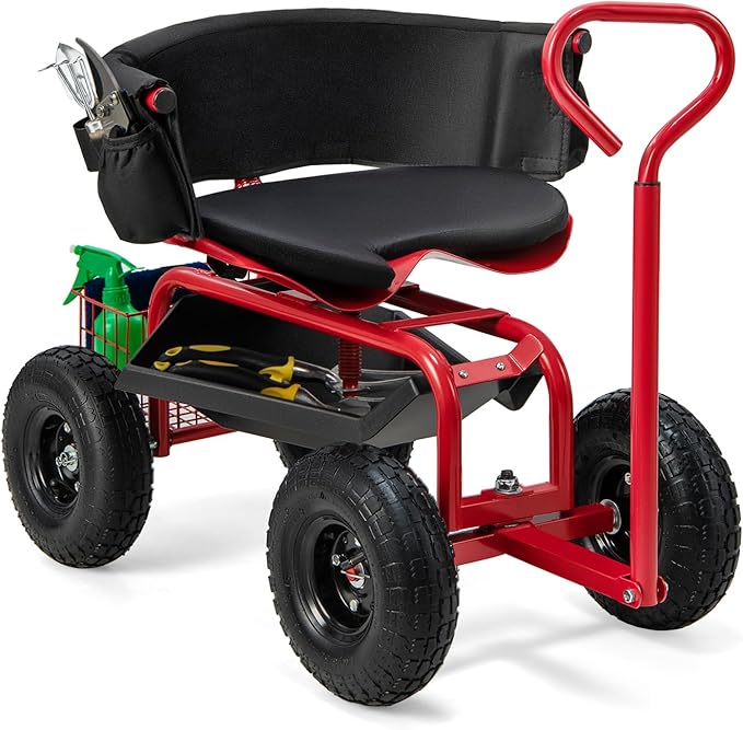 Goplus Garden Seat with Wheels, Rolling Gardening Stool with Adjustable 360° Swivel Seat, Tool Tray & Storage Basket, Extendable Handle, Outdoor Gardening Scooter, Garden Cart Workseat for Seniors