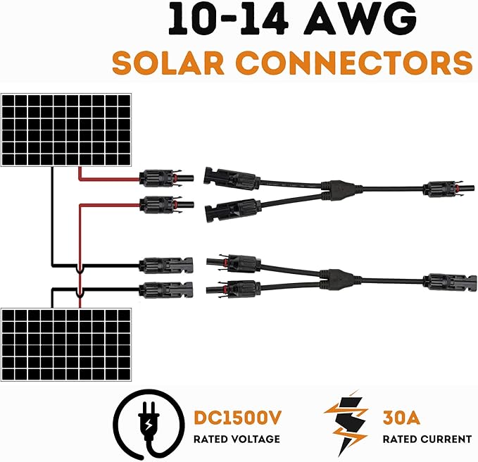 XYRIS Solar Panel Connectors - 1 to 2 Y Branch Parallel Adapter Cable Wire Plug Tool Kit for Solar Panel 1 Pair (M/FF+F/MM)