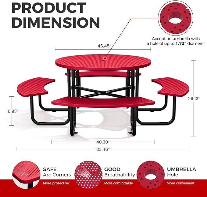 KUFUH 46" Coated Round Metal Picnic Table for 4-8 Person, Durable Heavy Duty Commercial Picnic Table with Umbrella Hole for Outdoor Coffee Shop, School, Easy to Install, Red