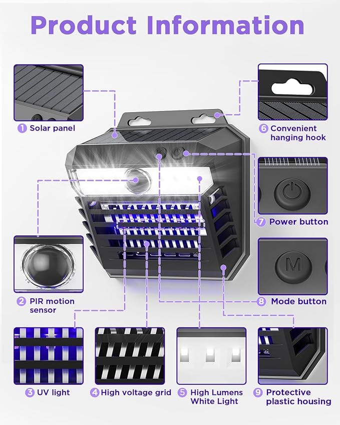 2-in-1 Solar Bug Zapper Outdoor Waterproof with Motion Sensor Light, Cordless Mosquito Zapper Outdoor with 3 Modes, Rechargeable Mosquito Killer Lamp for Patio (Black)
