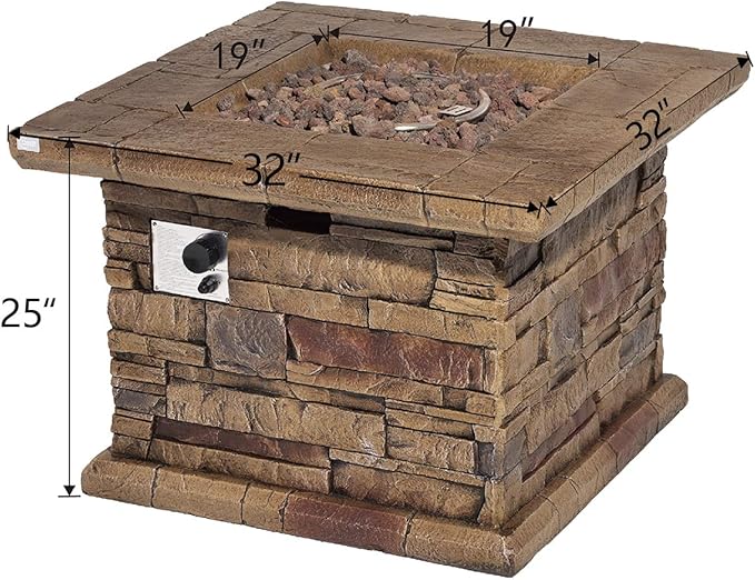 COSIEST Outdoor Propane Fire Pit Table w Faux Brown Ledgestone 32-inch Square Fire Table, Certified, 50,000 BTU Stainless Steel Burner, Free Lava Rocks, Fits 20lb Tank Inside