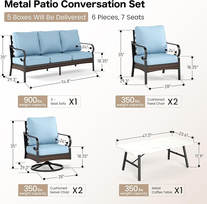 SUNSHINE VALLEY 6 Piece Metal Outdoor Patio Furniture Set - 1 3-Seater & 2 Fixed & 2 Swivel Sofas with 5.75" Thick Cushion & Coffee Table - Black & Blue Backyard Furniture